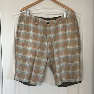 Tommy Bahama Tan Blue Plaid Linen Reversible‎ Travel Chino Shorts Men’s Size 36